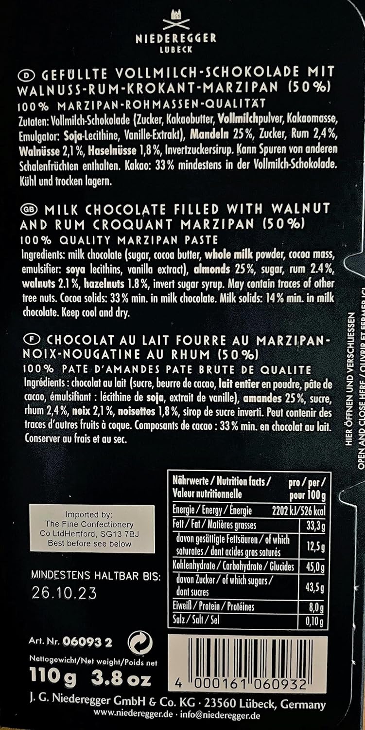 Niederegger Vollmilch Schokolade Walnuss Krokant Marzipan Tafel 110g (Milk Chocolate with Marzipan and Walnut)