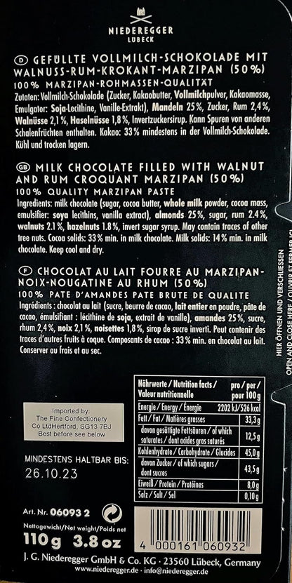 Niederegger Vollmilch Schokolade Walnuss Krokant Marzipan Tafel 110g (Milk Chocolate with Marzipan and Walnut)