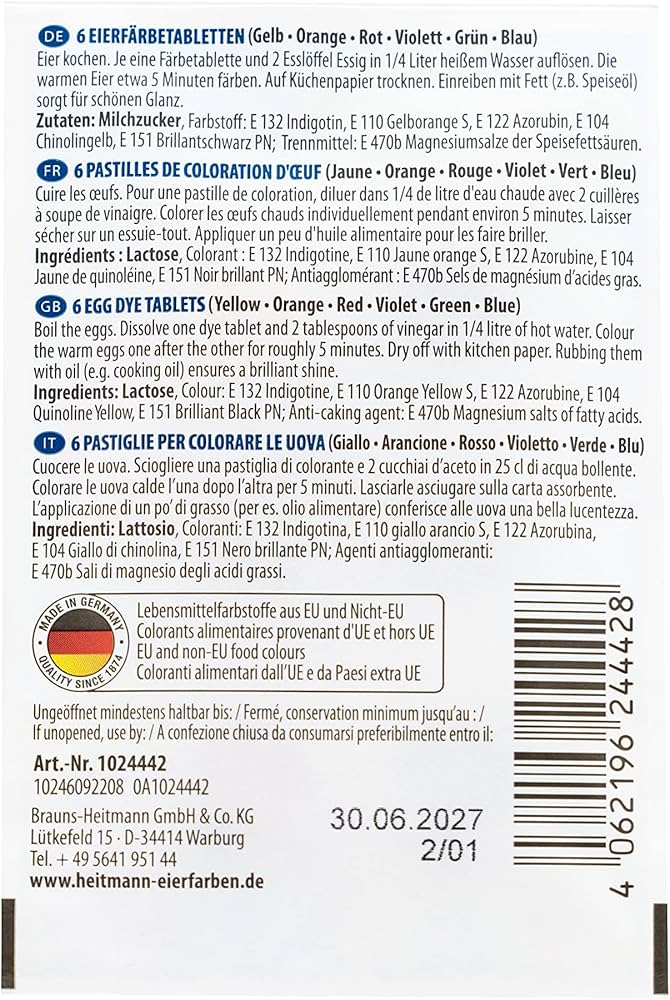 Heitmann Eierfarben - Iris Egg Colours - 6 Hot Dye Tablets - Yellow, Orange, Red, Purple, Green, Blue