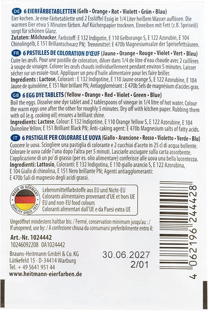 Heitmann Eierfarben - Iris Egg Colours - 6 Hot Dye Tablets - Yellow, Orange, Red, Purple, Green, Blue