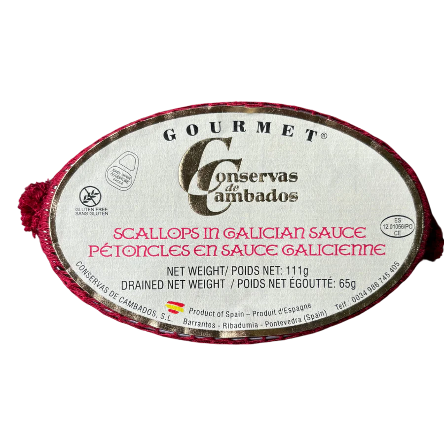 Gourmet Small Scallops in Galician Sauce - Vieiras en Salsa Gallega. Conservas de Cambados